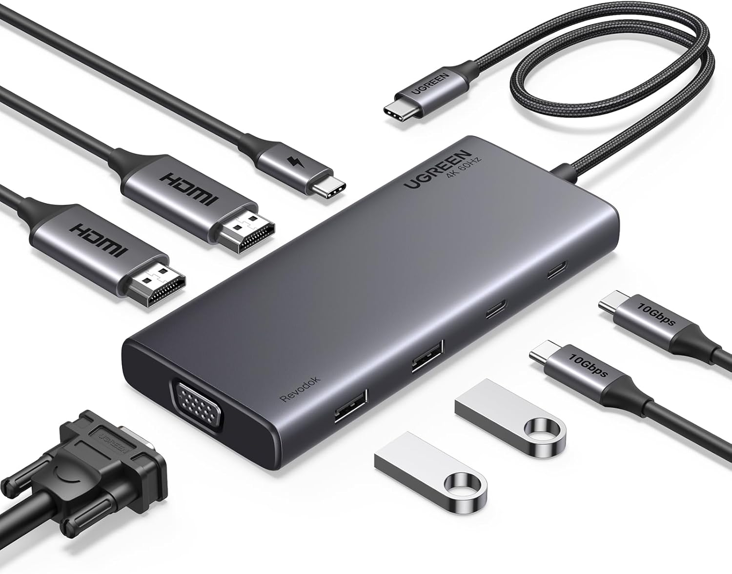UGREEN 8‑in‑1 USB‑C Multifunction Adapter with dual 4K HDMI, VGA, USB 3.2 ports, and 100W charging – UG‑35588