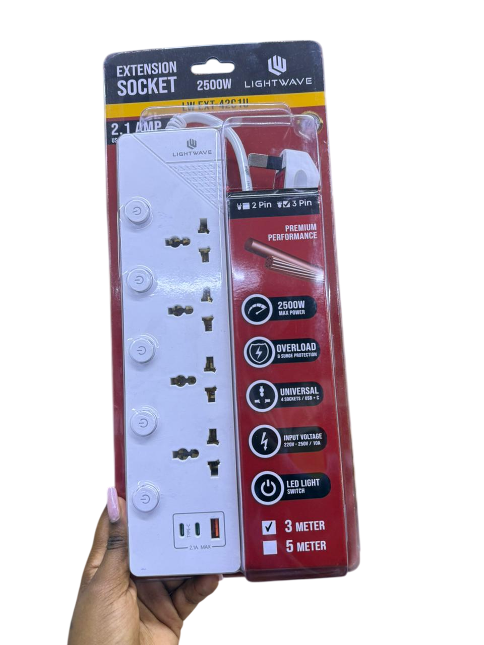 Lightwave 4 Way Extension Socket 3 Metres with USB and USB-C Fast Charging, Surge and Overload Protection