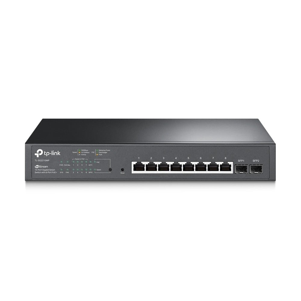 TP‑Link JetStream 10‑Port Gigabit Smart Switch with 8 PoE+ Ports & 2 Gigabit SFP Slots – TL‑SG2210MP