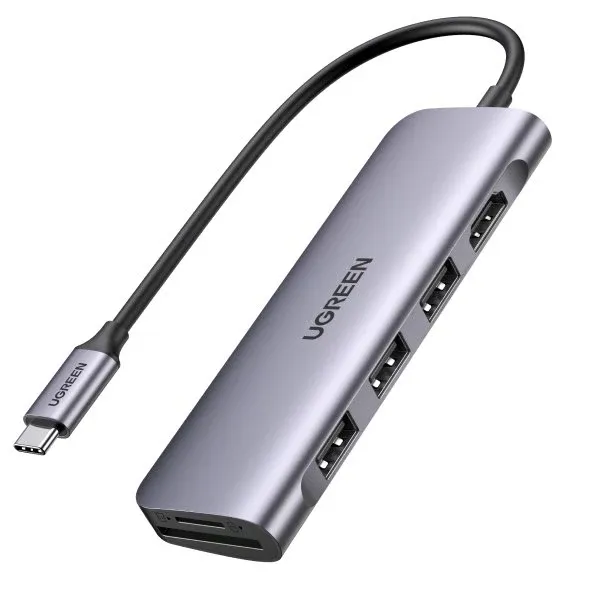 UGREEN 6-in-1 Multifunction Adapter – UG-20956A (USB-C to 3 × USB 3.0, 4K HDMI, SD & TF Card Reader)