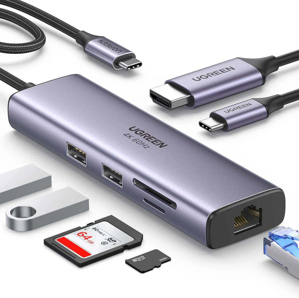 UGREEN 7-in-1 USB-C Hub Adapter with 4K HDMI, Ethernet, SD/TF, USB 3.0, and 100W PD (Model UG-90568)