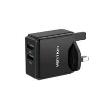 Vention Two‑Port USB (A + A) Wall Charger (18W + 18W) UK Plug Black - VEN FBAB0‑UK