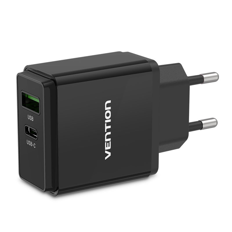 Vention Two‑Port USB (A + C) Wall Charger (18W/20W) UK Plug Black - VEN QC67‑UK‑B